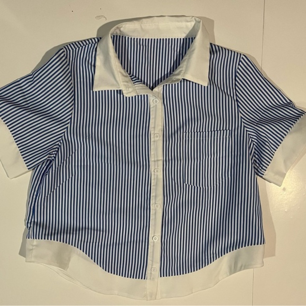 SHEIN Blue and White Striped Button Down Shirt